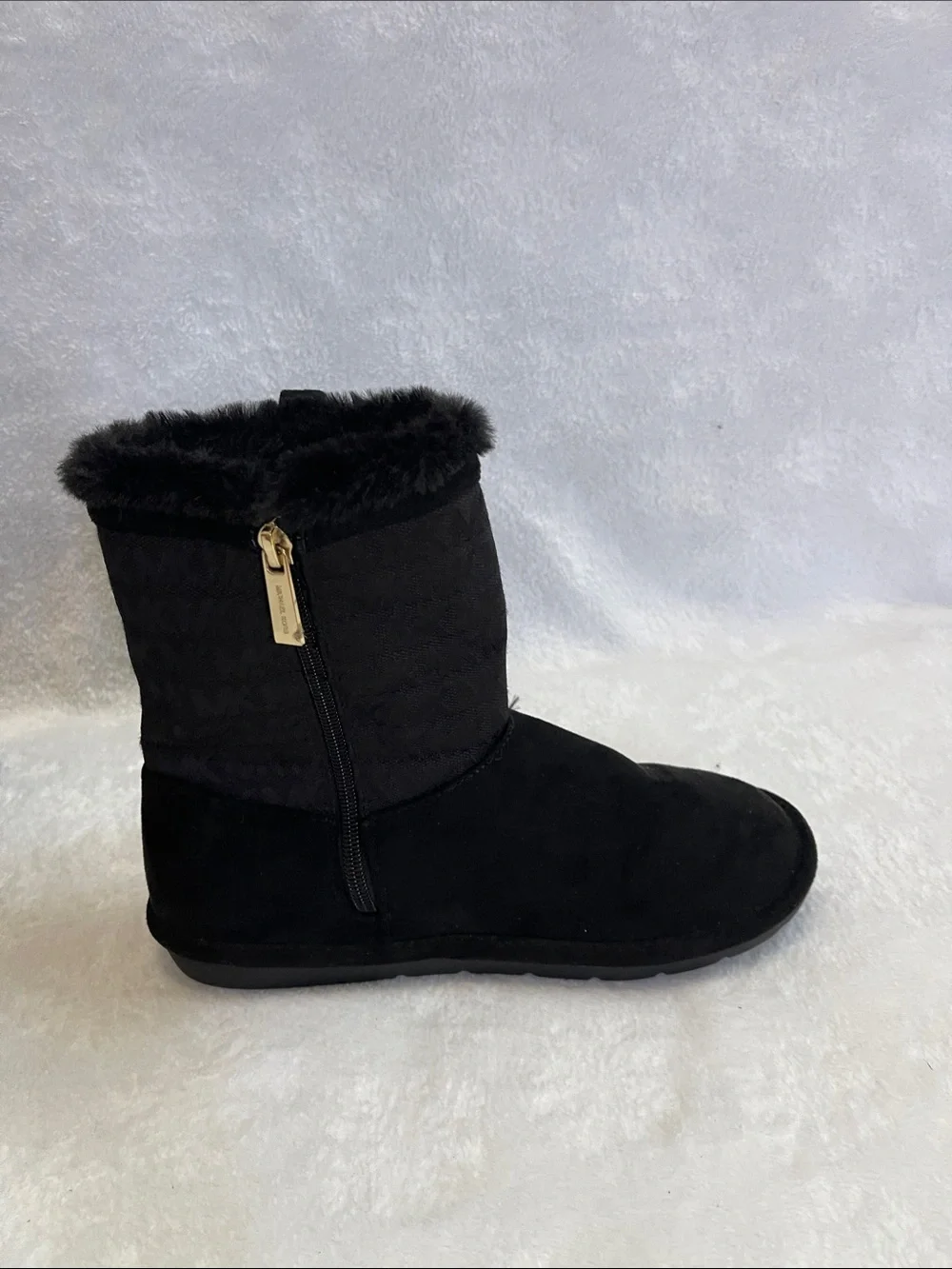 Michael Kors Black Suede Faux-Fur Mid-Calf Boots with Gold Logo